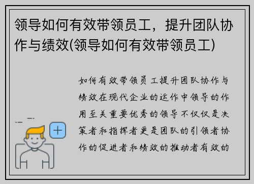 领导如何有效带领员工，提升团队协作与绩效(领导如何有效带领员工)