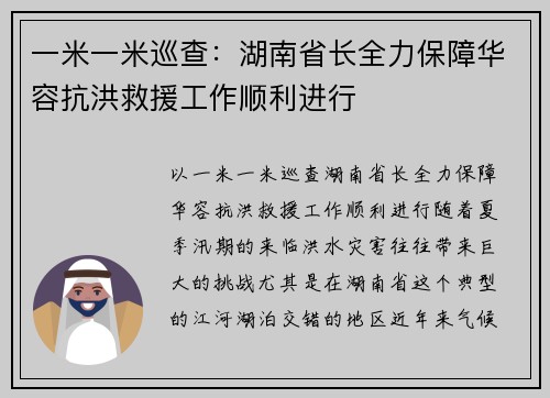 一米一米巡查：湖南省长全力保障华容抗洪救援工作顺利进行